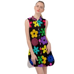 Colorful Flowers On A Black Background Pattern                                                               Sleeveless Shirt Dress by LalyLauraFLM