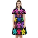 Colorful flowers on a black background pattern                           Short Sleeve Waist Detail Dress View1