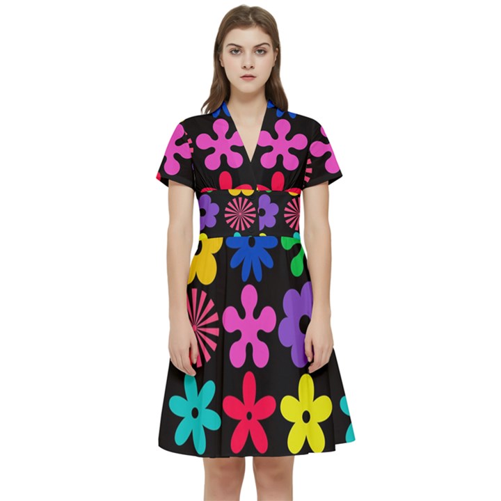 Colorful flowers on a black background pattern                           Short Sleeve Waist Detail Dress