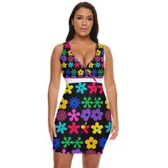 Colorful Flowers On A Black Background Pattern                         Draped Bodycon Dress