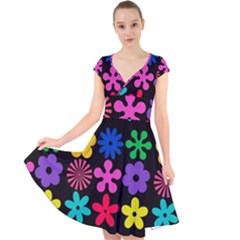 Colorful Flowers On A Black Background Pattern                                                              Cap Sleeve Front Wrap Midi Dress