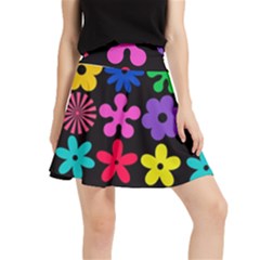 Colorful Flowers On A Black Background Pattern                                                           Waistband Skirt