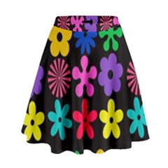 Colorful Flowers On A Black Background Pattern                                                              High Waist Skirt by LalyLauraFLM