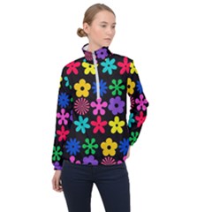 Colorful Flowers On A Black Background Pattern                                                            Women Half Zip Windbreaker by LalyLauraFLM