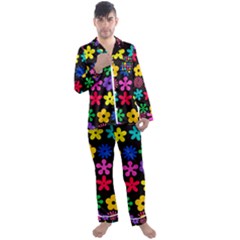 Colorful Flowers On A Black Background Pattern                                                            Men s Satin Pajamas Long Pants Set by LalyLauraFLM