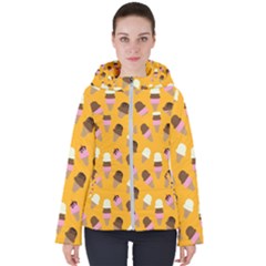 Ice Cream On An Orange Background Pattern                                                            Women s Hooded Puffer Jacket by LalyLauraFLM