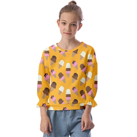 Ice Cream On An Orange Background Pattern                                                           Kids  Cuff Sleeve Top by LalyLauraFLM