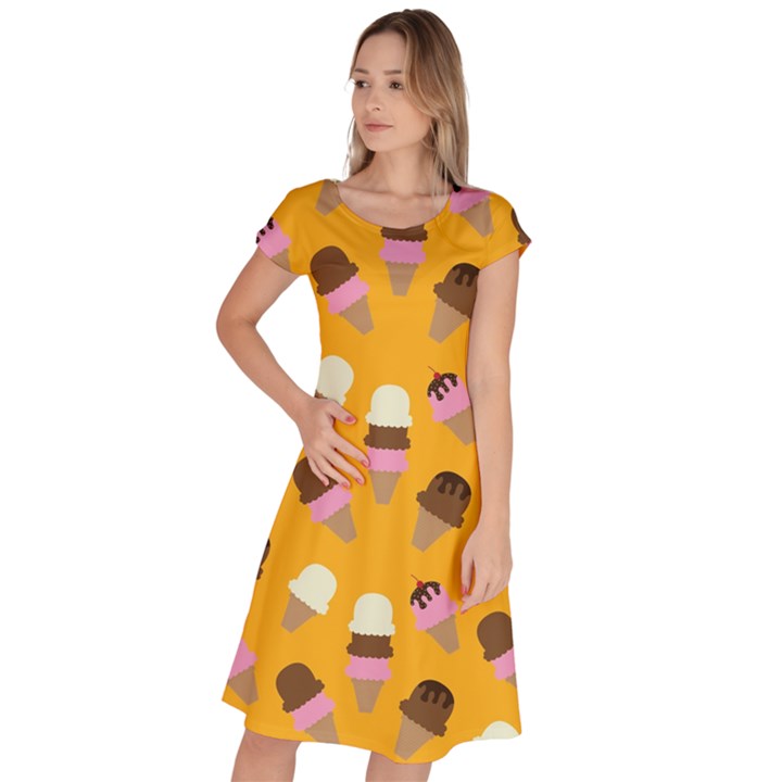 Ice cream on an orange background pattern                                                               Classic Short Sleeve Dress