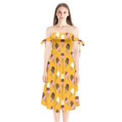 Ice Cream On An Orange Background Pattern                                                          Shoulder Tie Bardot Midi Dress by LalyLauraFLM