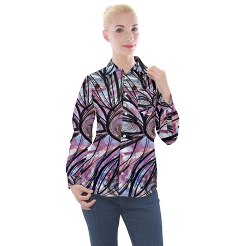 Mixed Media Petals Women s Long Sleeve Pocket Shirt by kaleidomarblingart