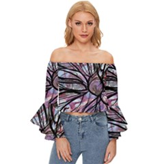 Mixed Media Petals Off Shoulder Flutter Bell Sleeve Top by kaleidomarblingart