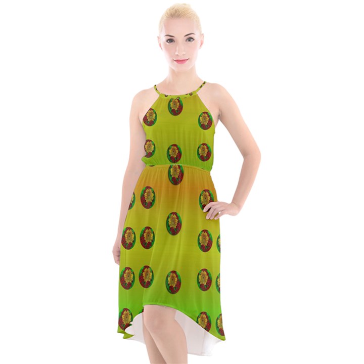 Sun Flowers For Iconic Pleasure In Pumpkin Time High-Low Halter Chiffon Dress 