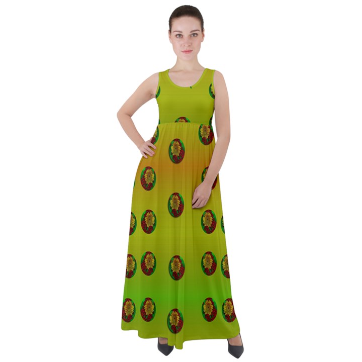 Sun Flowers For Iconic Pleasure In Pumpkin Time Empire Waist Velour Maxi Dress