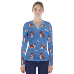 Cute Corgi Dogs V-neck Long Sleeve Top by SychEva