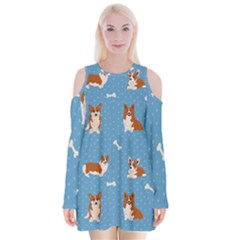 Cute Corgi Dogs Velvet Long Sleeve Shoulder Cutout Dress by SychEva