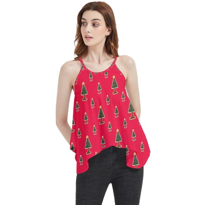 Sketchy Christmas Tree Motif Drawing Pattern Flowy Camisole Tank Top