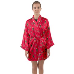 Sketchy Christmas Tree Motif Drawing Pattern Long Sleeve Satin Kimono