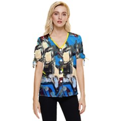 Blue Bird-1-4 Bow Sleeve Button Up Top