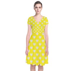 Purple Hearts On Yellow Background Short Sleeve Front Wrap Dress by SychEva