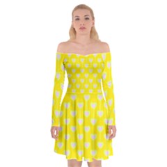 Purple Hearts On Yellow Background Off Shoulder Skater Dress by SychEva