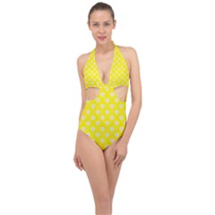 Purple Hearts On Yellow Background Halter Front Plunge Swimsuit by SychEva