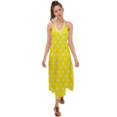 Purple Hearts On Yellow Background Halter Tie Back Dress  by SychEva