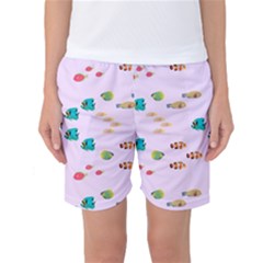 Marine Fish Multicolored On A Pink Background Women s Basketball Shorts by SychEva