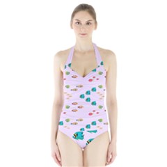 Marine Fish Multicolored On A Pink Background Halter Swimsuit by SychEva