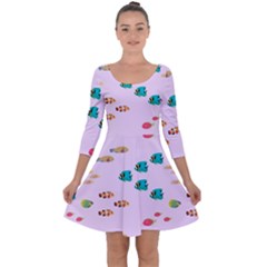 Marine Fish Multicolored On A Pink Background Quarter Sleeve Skater Dress by SychEva