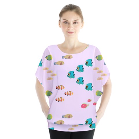 Marine Fish Multicolored On A Pink Background Batwing Chiffon Blouse by SychEva