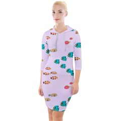 Marine Fish Multicolored On A Pink Background Quarter Sleeve Hood Bodycon Dress by SychEva