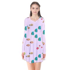 Marine Fish Multicolored On A Pink Background Long Sleeve V-neck Flare Dress by SychEva