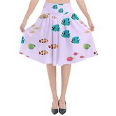 Marine Fish Multicolored On A Pink Background Flared Midi Skirt by SychEva