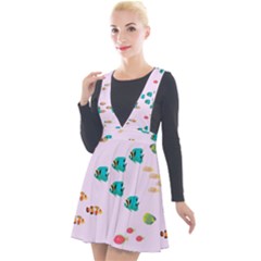 Marine Fish Multicolored On A Pink Background Plunge Pinafore Velour Dress by SychEva