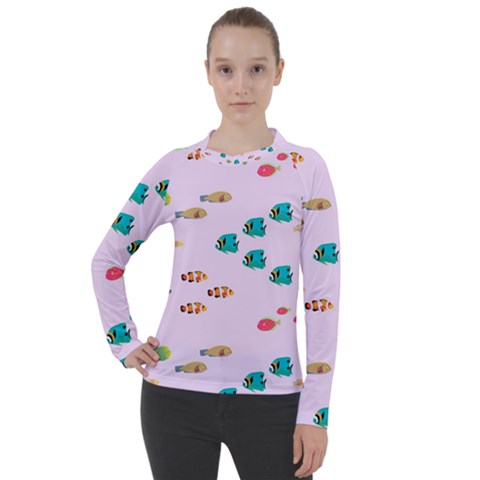 Marine Fish Multicolored On A Pink Background Women s Pique Long Sleeve Tee by SychEva