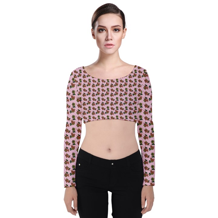 Cute Deer Pattern Pink Velvet Long Sleeve Crop Top