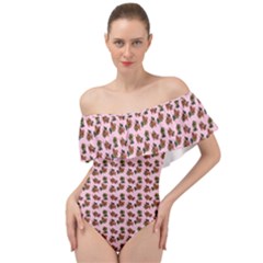 Cute Deer Pattern Pink Off Shoulder Velour Bodysuit  by snowwhitegirl