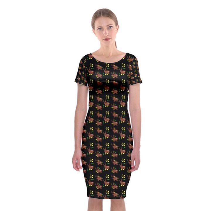 Cute Deer Pattern Black Classic Short Sleeve Midi Dress