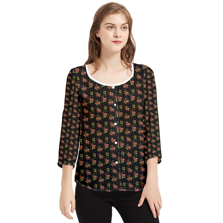 Cute Deer Pattern Black Chiffon Quarter Sleeve Blouse