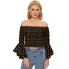 Cute Deer Pattern Black Off Shoulder Flutter Bell Sleeve Top