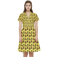 Cute Deer Pattern Yellow Short Sleeve Waist Detail Dress by snowwhitegirl