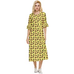 Cute Deer Pattern Yellow Double Cuff Midi Dress