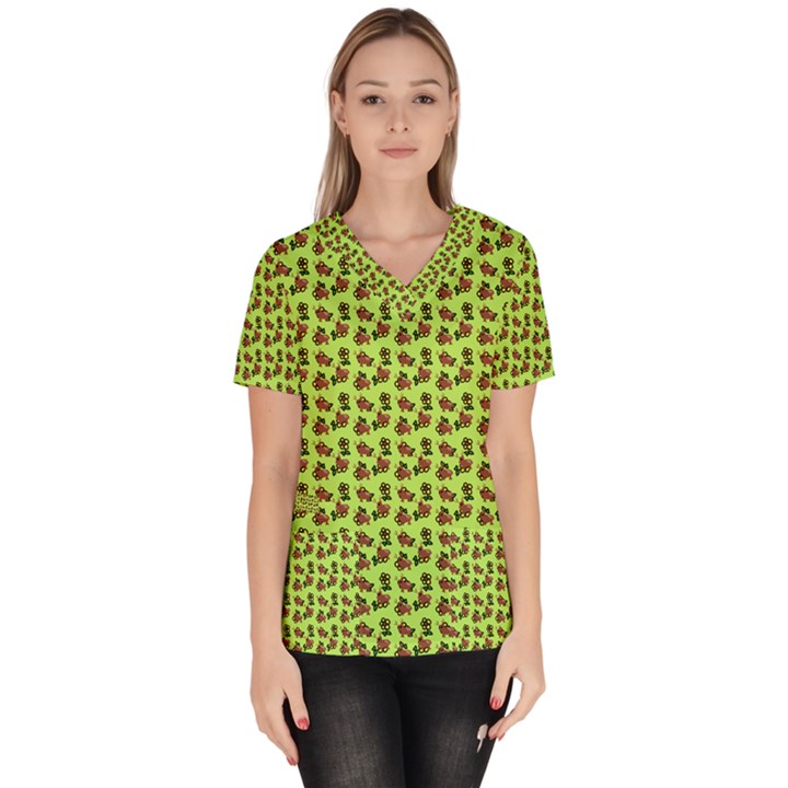 Cute Deer Pattern Green Women s V-Neck Scrub Top