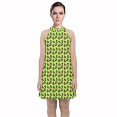 Cute Deer Pattern Green Velvet Halter Neckline Dress  by snowwhitegirl