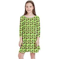 Cute Deer Pattern Green Kids  Quarter Sleeve Skater Dress