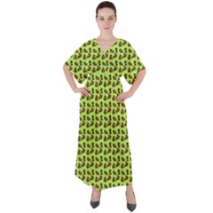 Cute Deer Pattern Green V-neck Boho Style Maxi Dress by snowwhitegirl