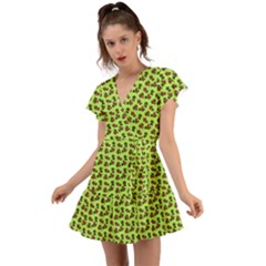 Cute Deer Pattern Green Flutter Sleeve Wrap Dress by snowwhitegirl