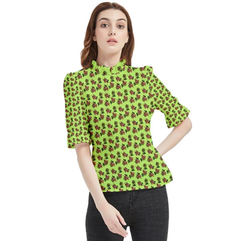 Cute Deer Pattern Green Frill Neck Blouse by snowwhitegirl