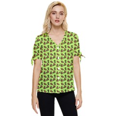 Cute Deer Pattern Green Bow Sleeve Button Up Top