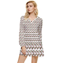 Cute Deer Pattern White Tiered Long Sleeve Mini Dress